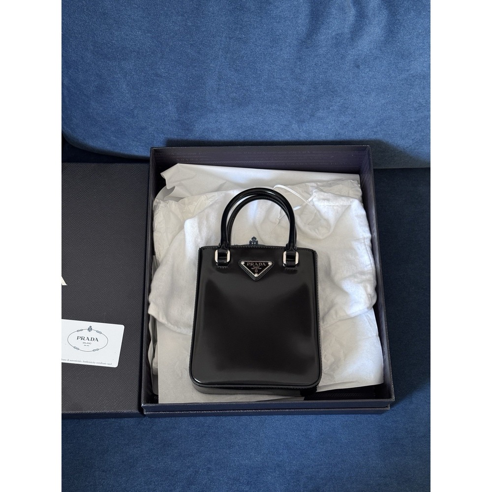 Prada Small Brushed Leather BlackTote Bag - Picture 2 of 7